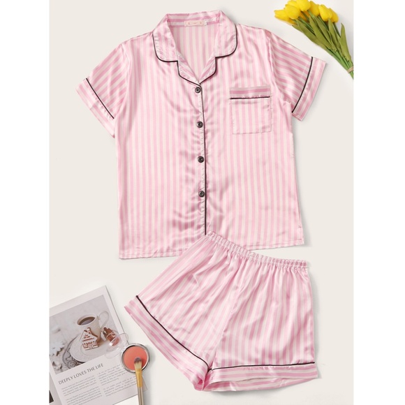 Satin Pink Stripes Pajamas Set - Picture 2 of 9